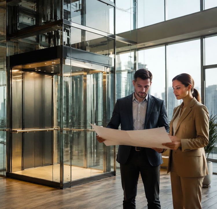 Equipo de ventas de Kelevator discutiendo un proyecto de ascensor